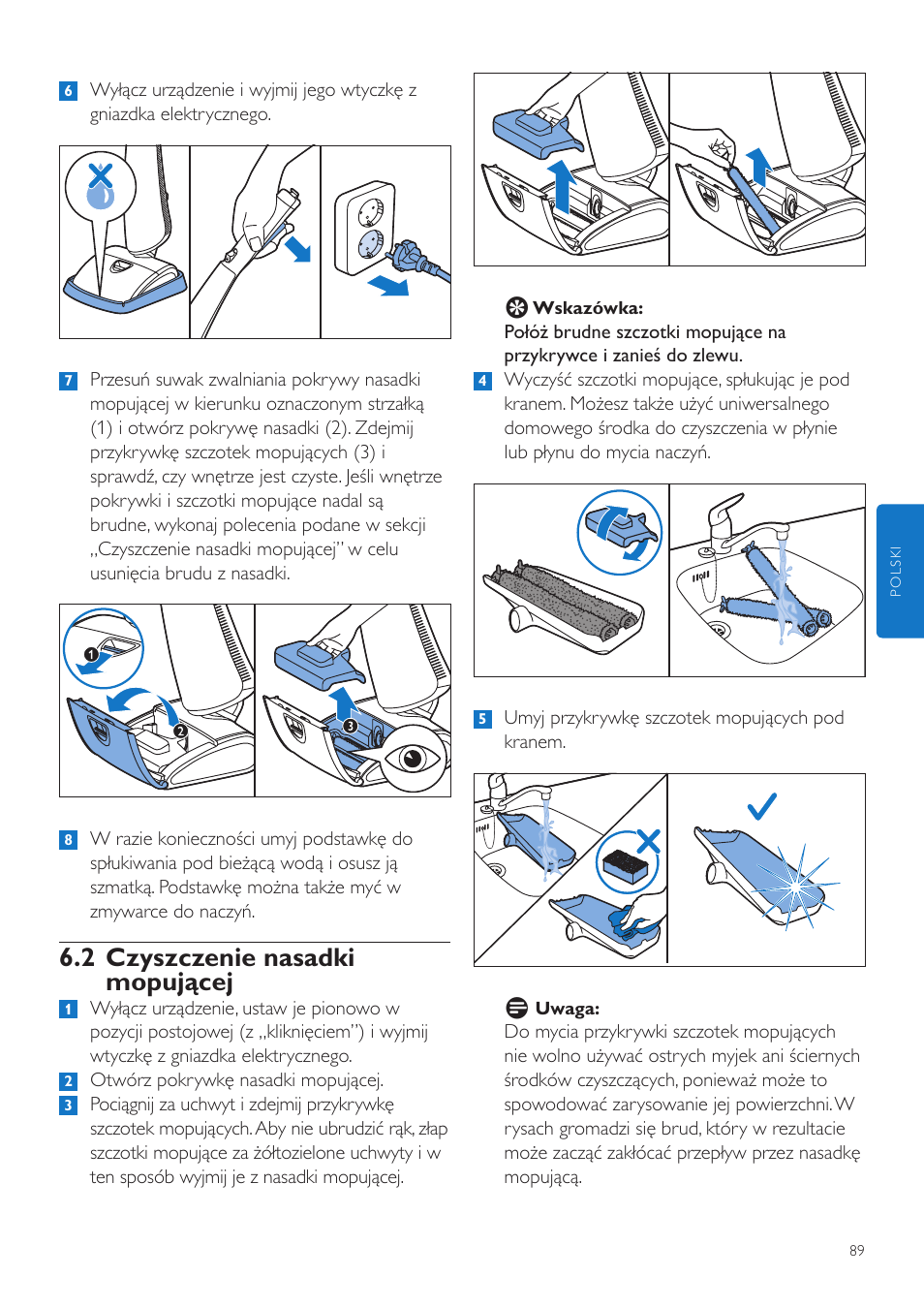 2 czyszczenie nasadki mopującej | Philips FC7070 User Manual | Page 89 / 230