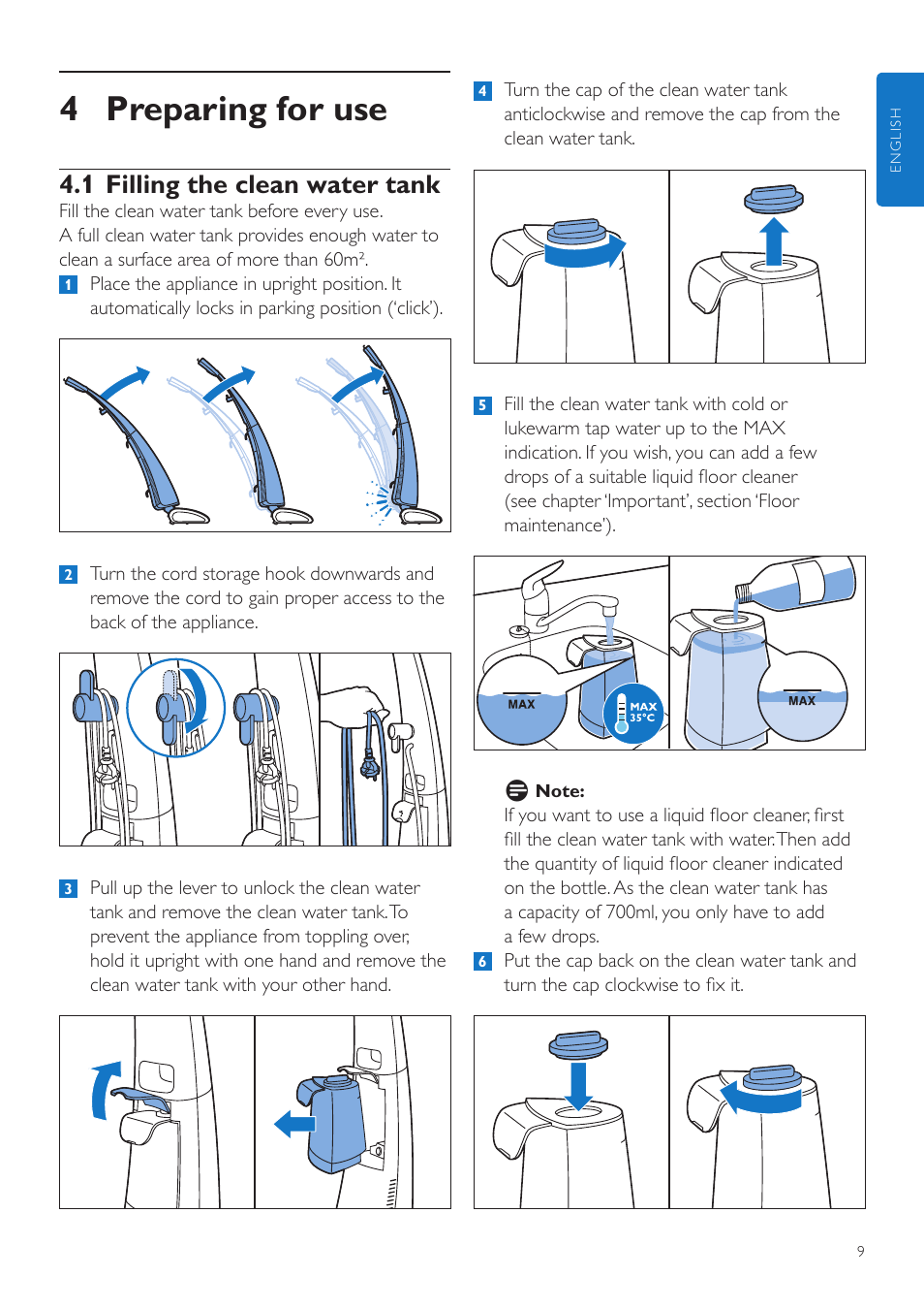 4 preparing for use, 1 filling the clean water tank | Philips FC7070 User Manual | Page 9 / 230