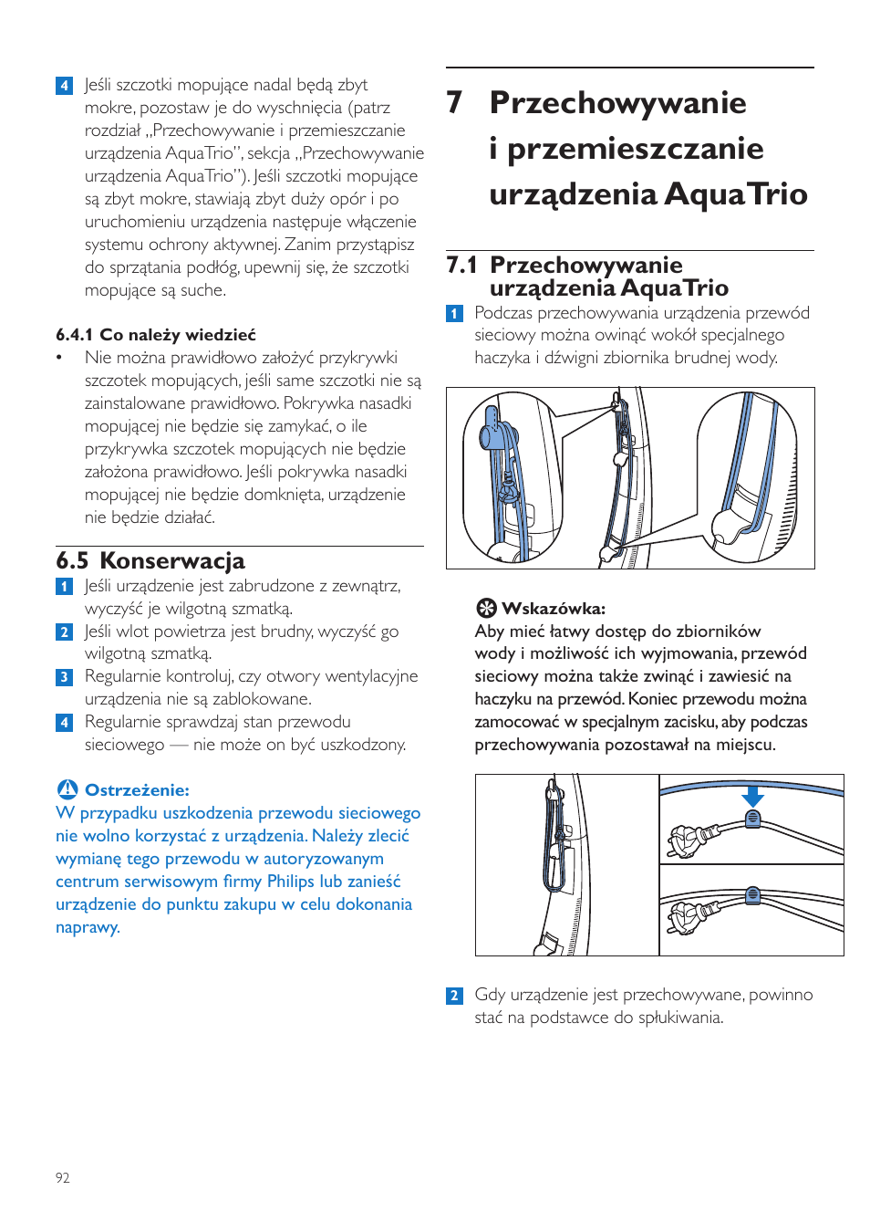 1 przechowywanie urządzenia aquatrio, 5 konserwacja | Philips FC7070 User Manual | Page 92 / 230