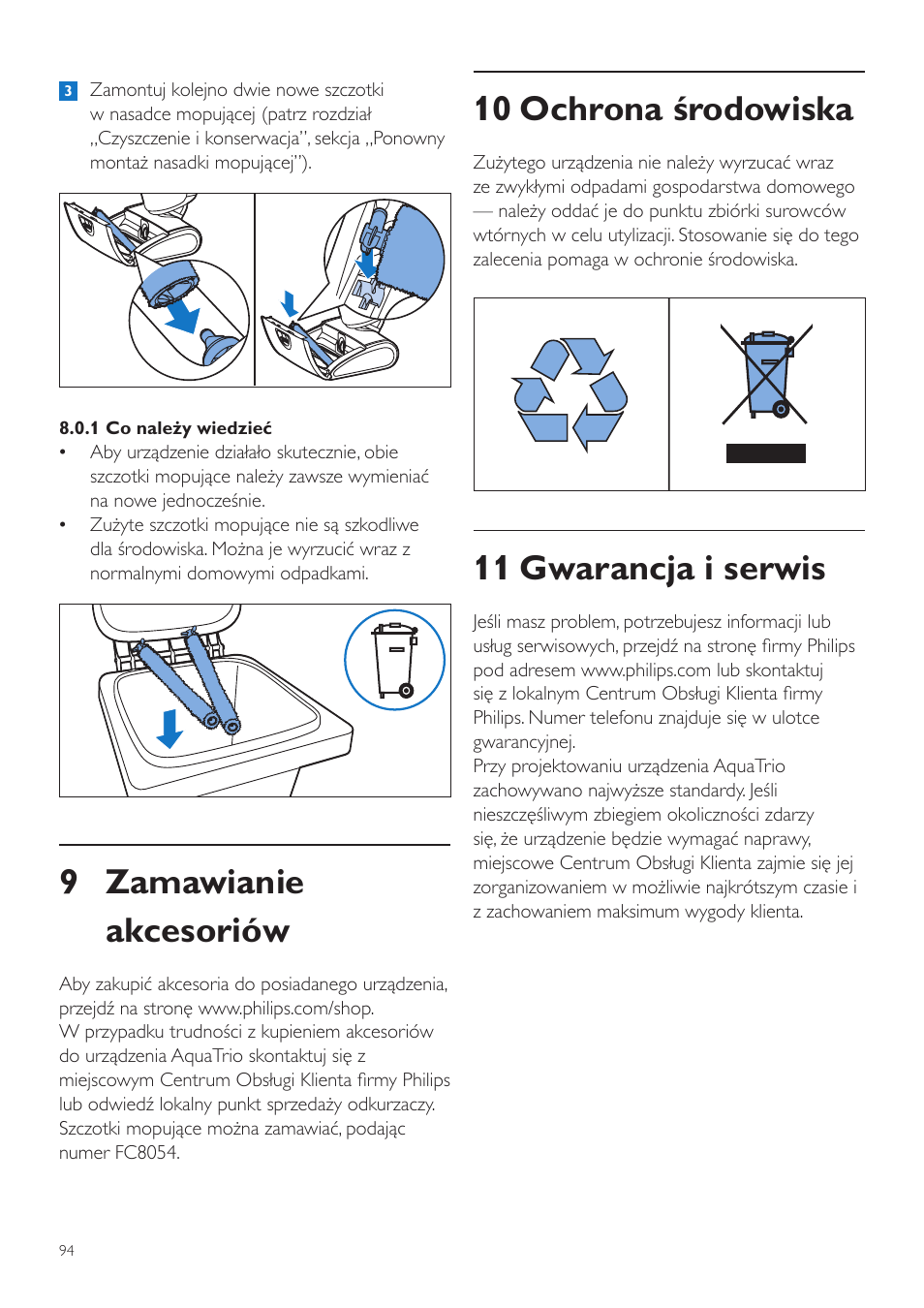 10 ochrona środowiska, 11 gwarancja i serwis, 9 zamawianie akcesoriów | Philips FC7070 User Manual | Page 94 / 230