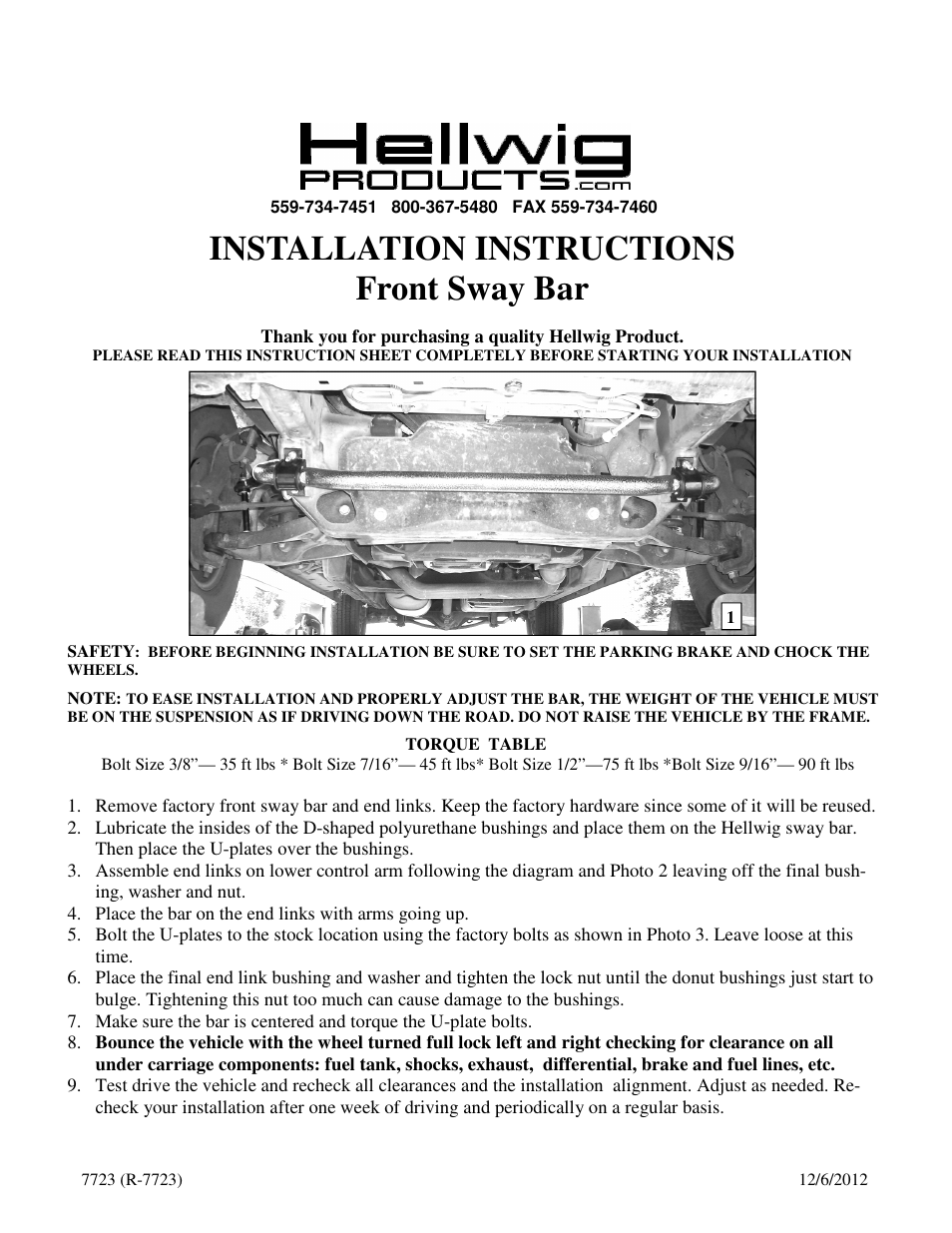 Hellwig Sway Bar 7723 User Manual | 2 pages