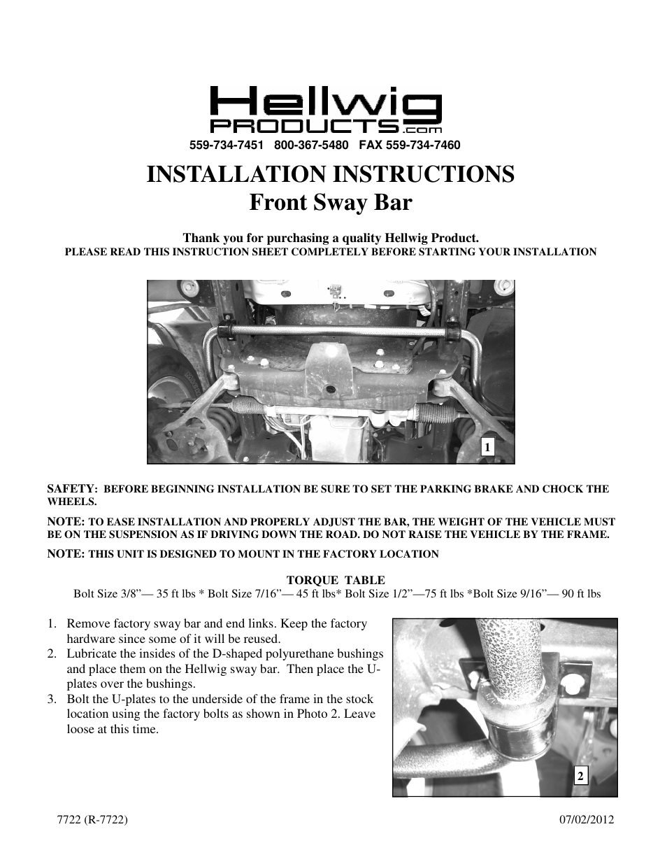 Hellwig Sway Bar 7722 User Manual | 2 pages