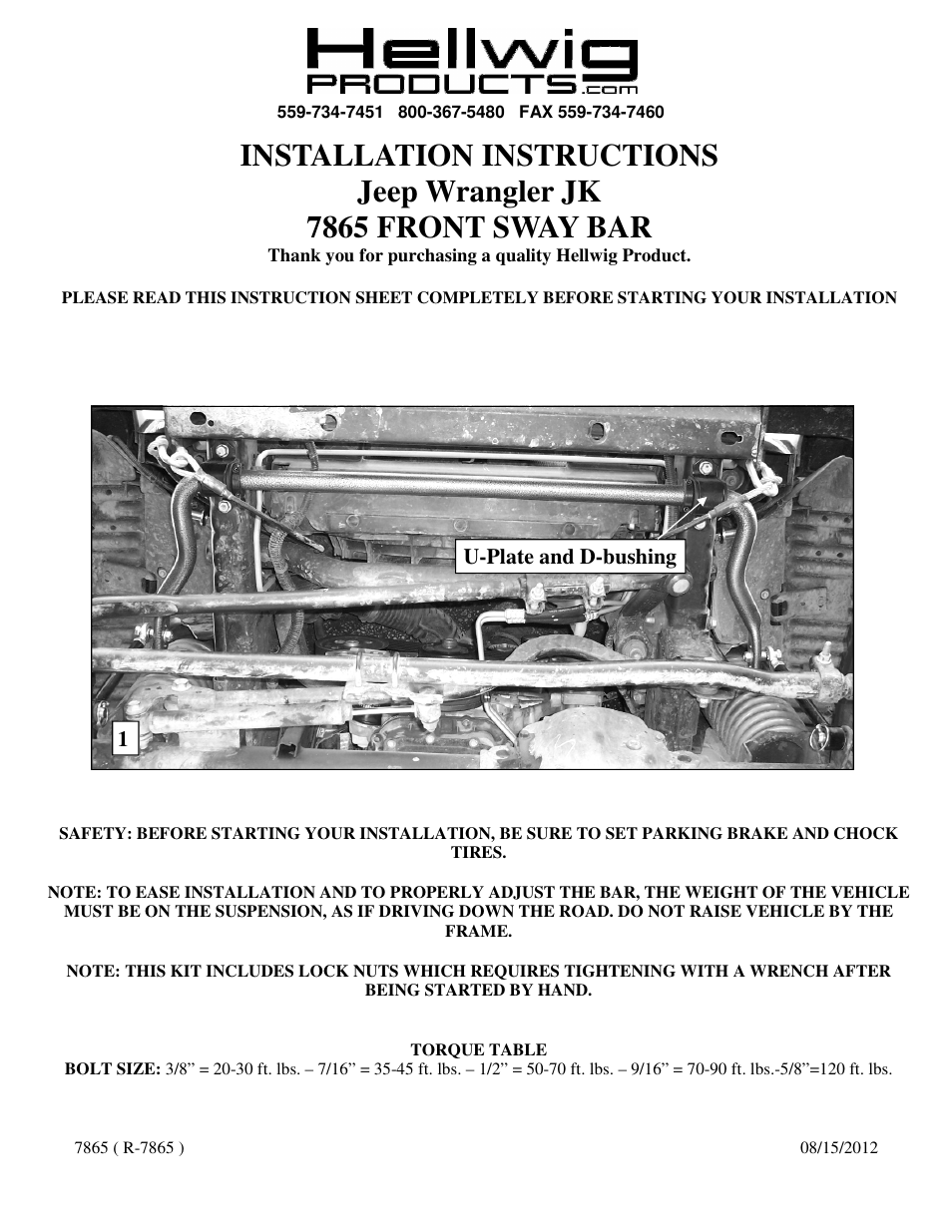 Hellwig Sway Bar 7865 User Manual | 2 pages