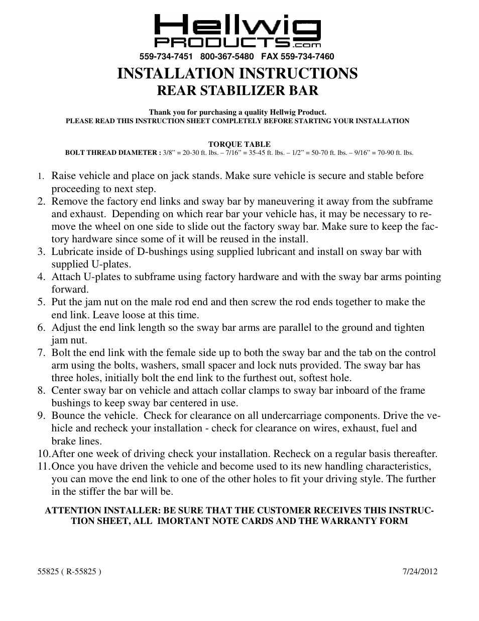 Hellwig Sway Bar 55825 User Manual | 2 pages