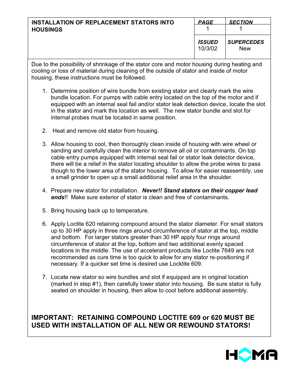 HOMA New Stator Installation User Manual | 1 page