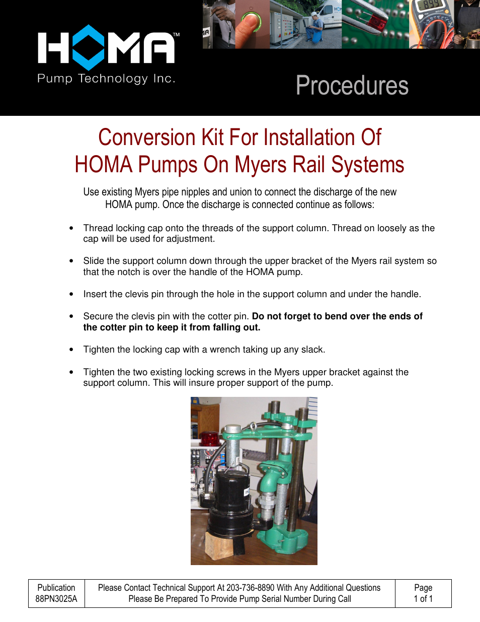 HOMA Conversion Kit For Installation Of HOMA Pumps On Myers Rail Systems User Manual | 1 page