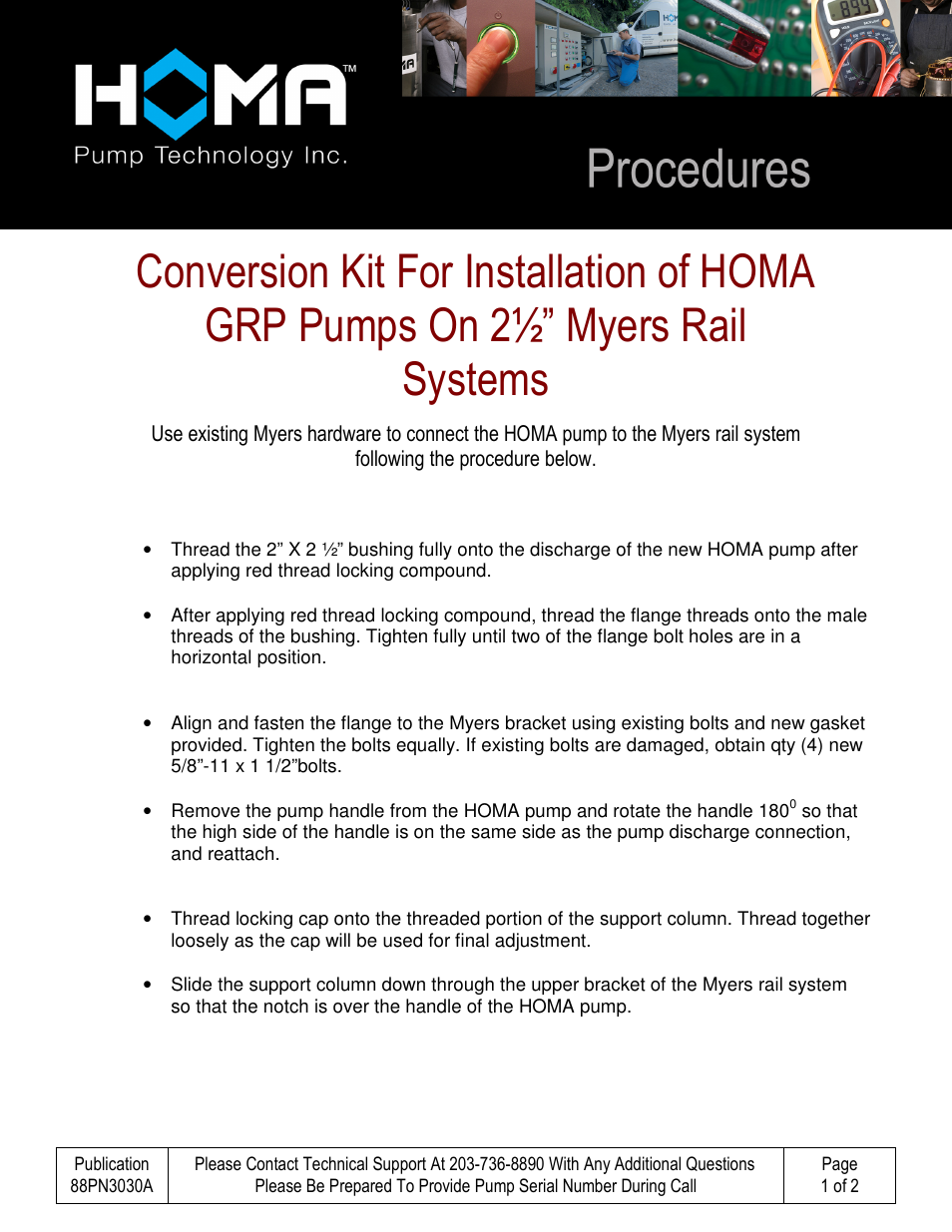 HOMA Conversion Kit For Installation Of HOMA GRP Pump On 2,5 Myers Rail Systems User Manual | 2 pages