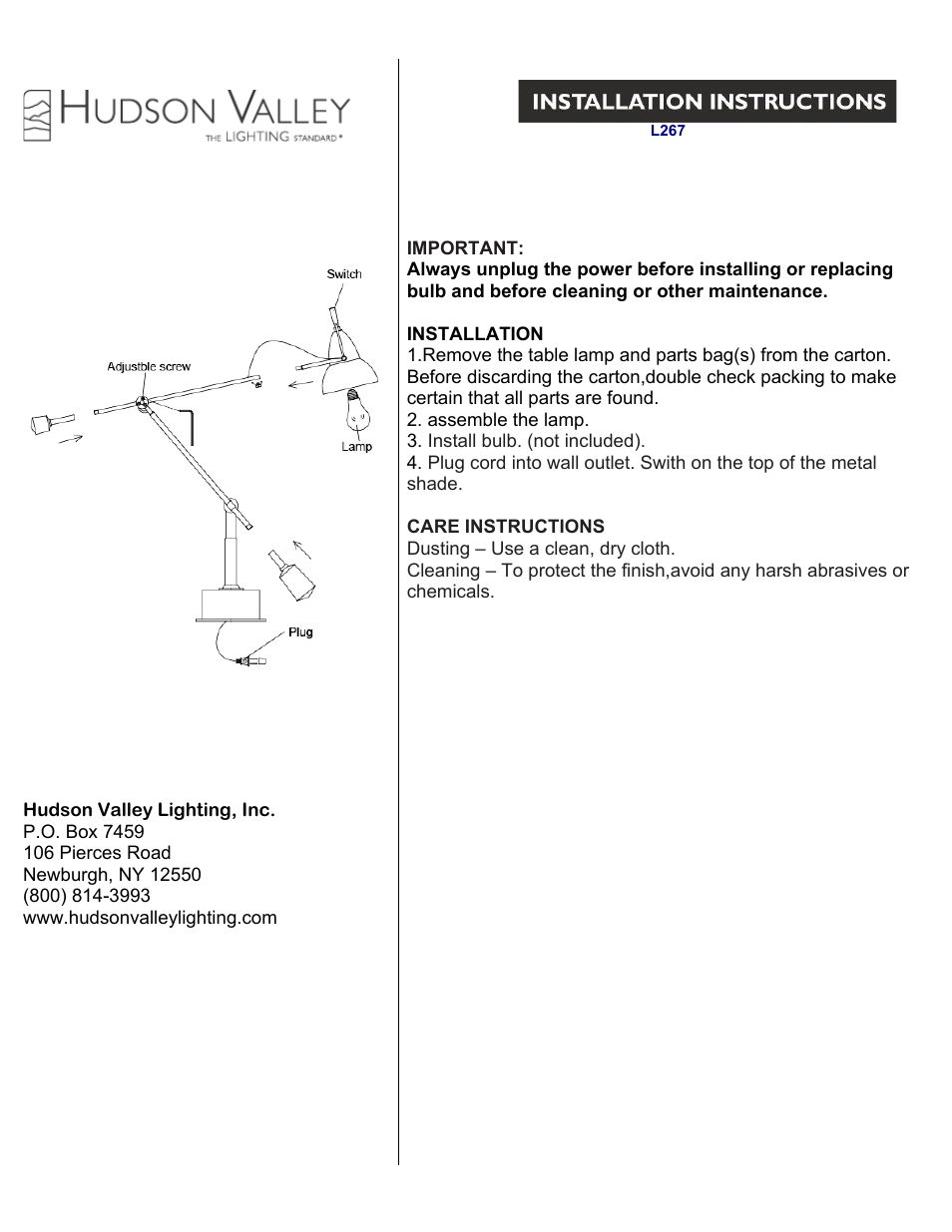 Hudson Valley Lighting ASTON L267 User Manual | 1 page