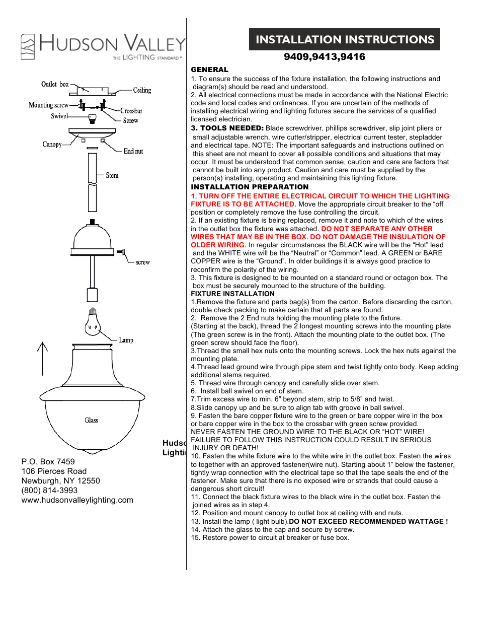 Hudson Valley Lighting BRANFORD 9413 User Manual | 1 page