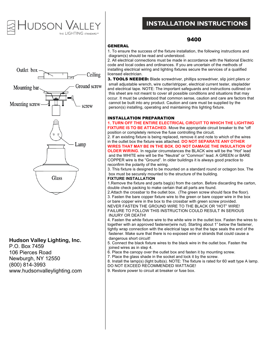 Hudson Valley Lighting BRANFORD 9400 User Manual | 1 page