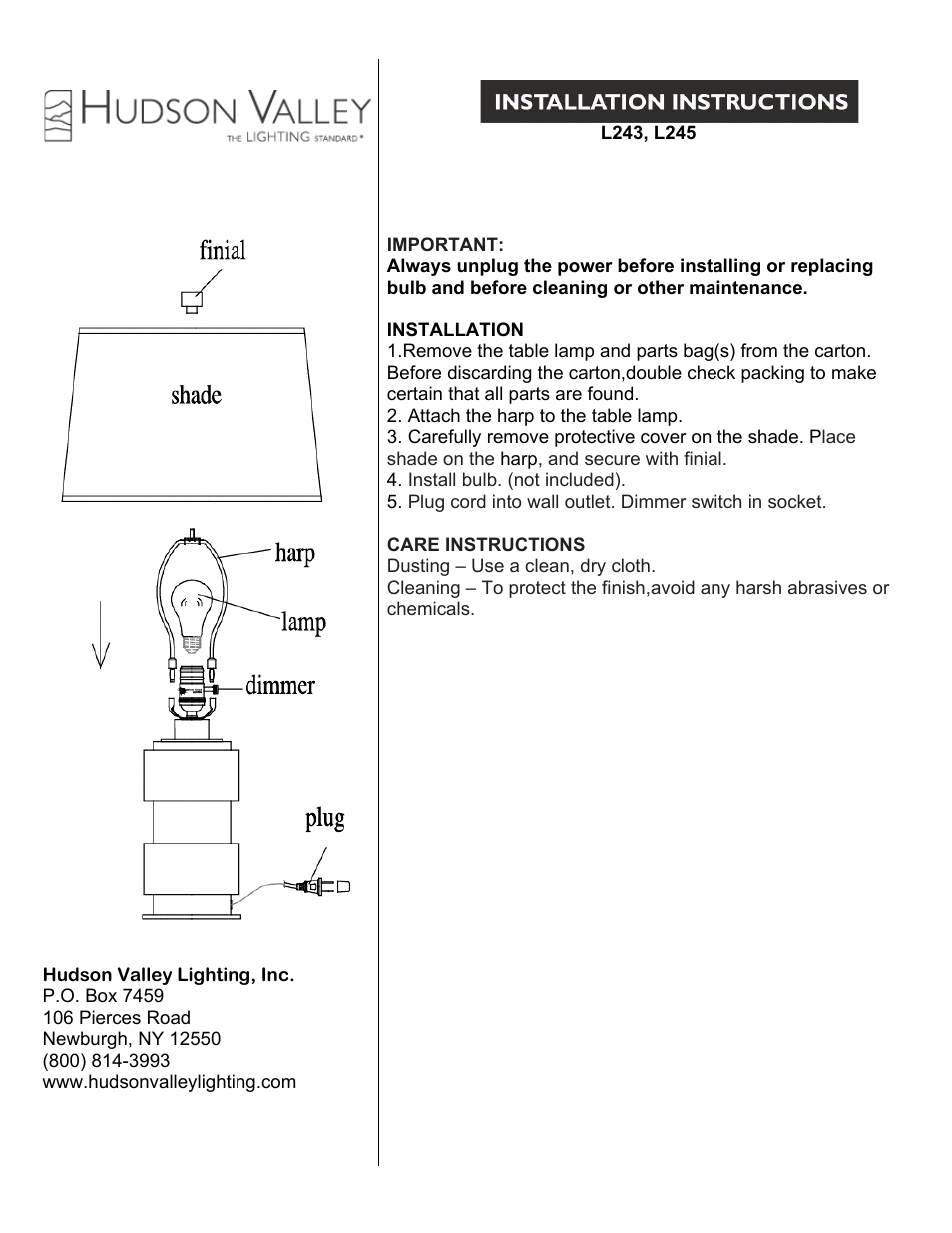 Hudson Valley Lighting BROOKFIELD L245 User Manual | 1 page