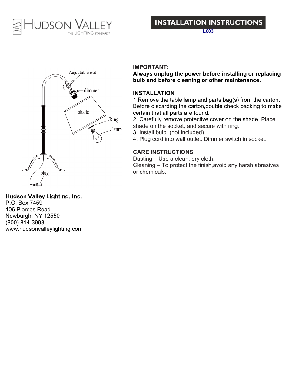 Hudson Valley Lighting BURTON L603 User Manual | 1 page