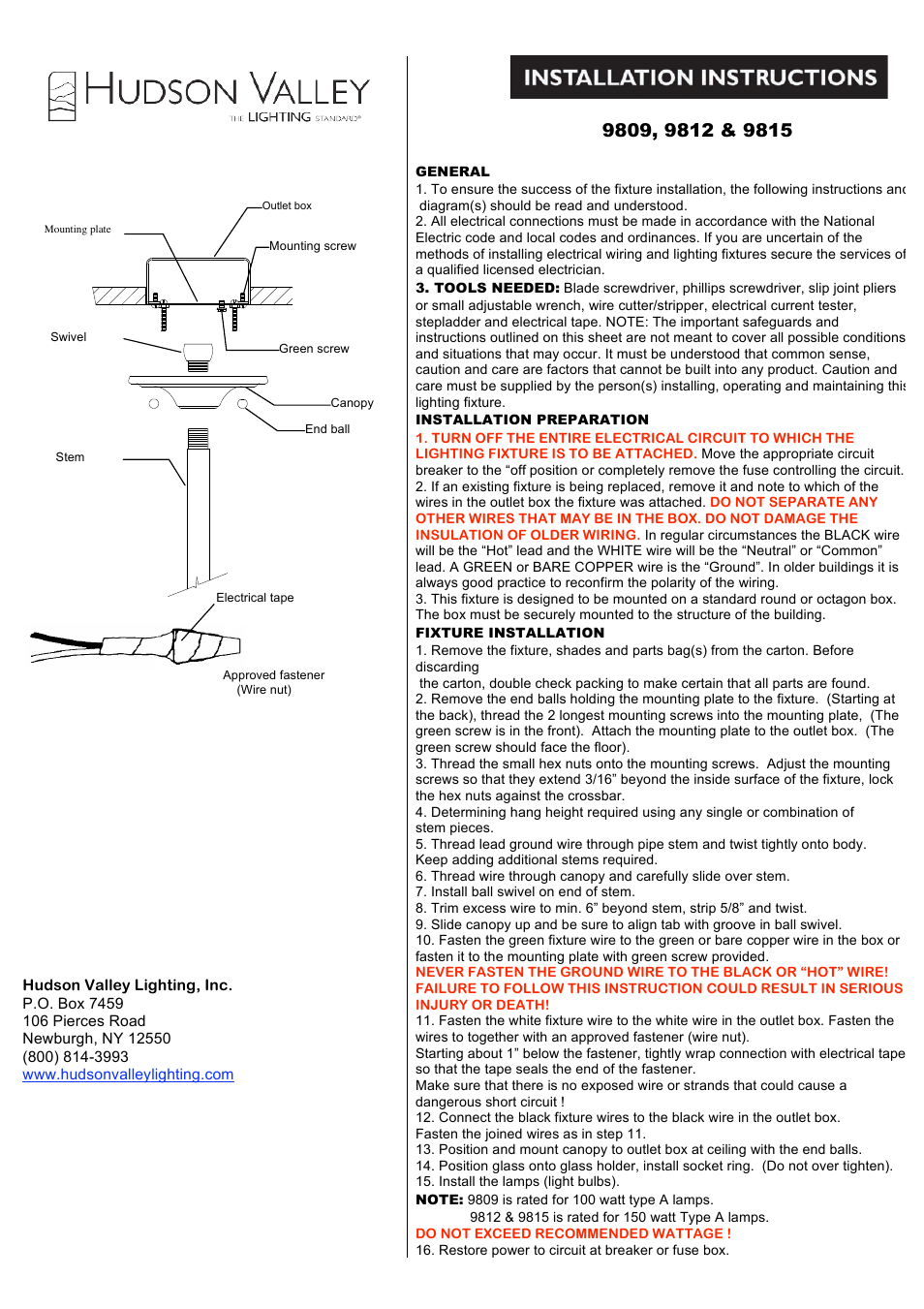 Hudson Valley Lighting CANTON 9812 User Manual | 2 pages