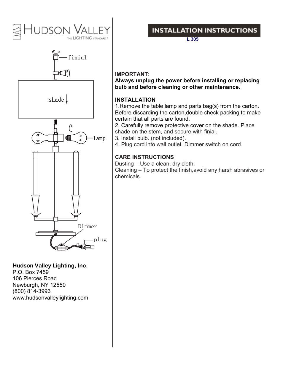 Hudson Valley Lighting CITE BOUILOTTE L305 User Manual | 1 page