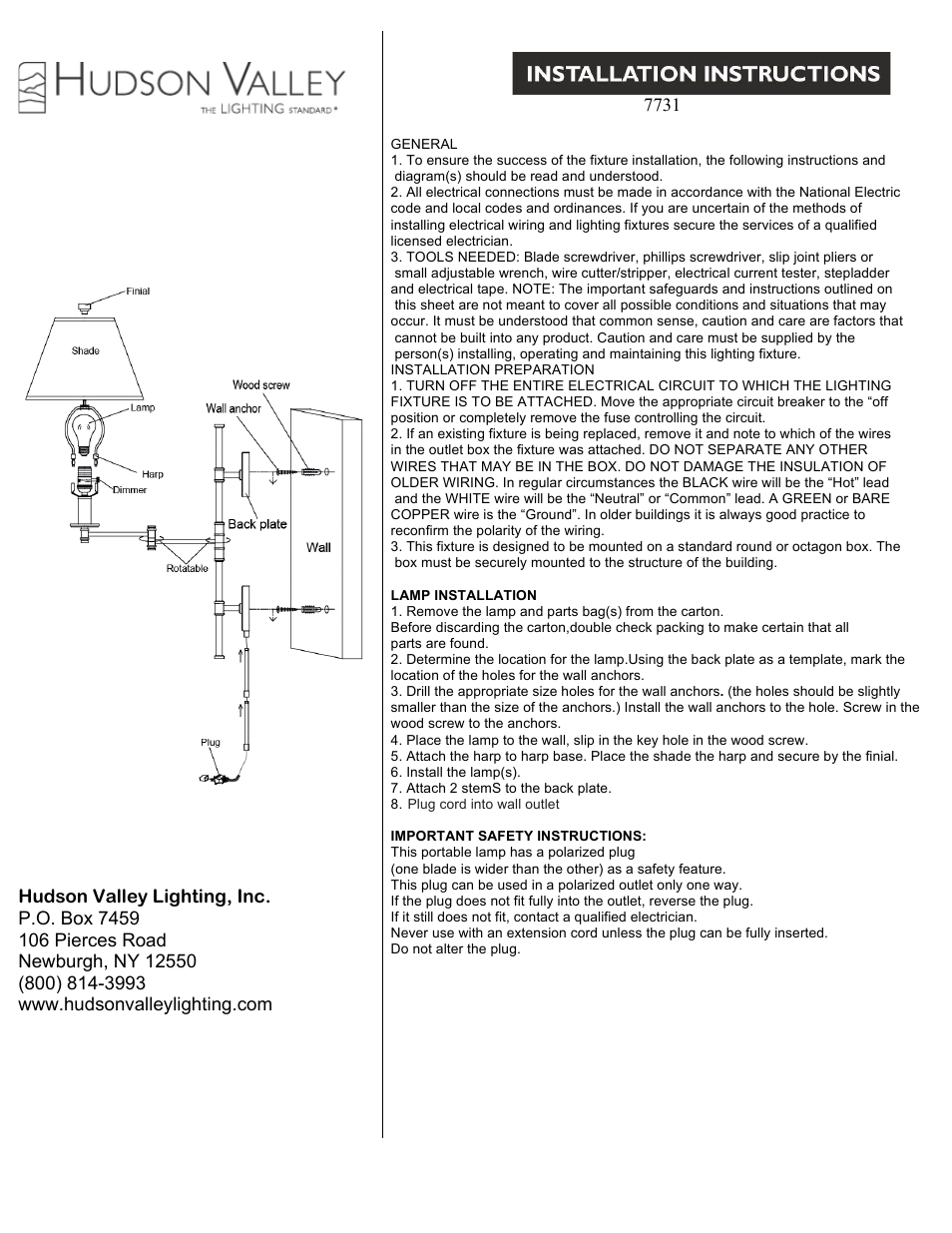 Hudson Valley Lighting CLAREMONT 7731 User Manual | 1 page