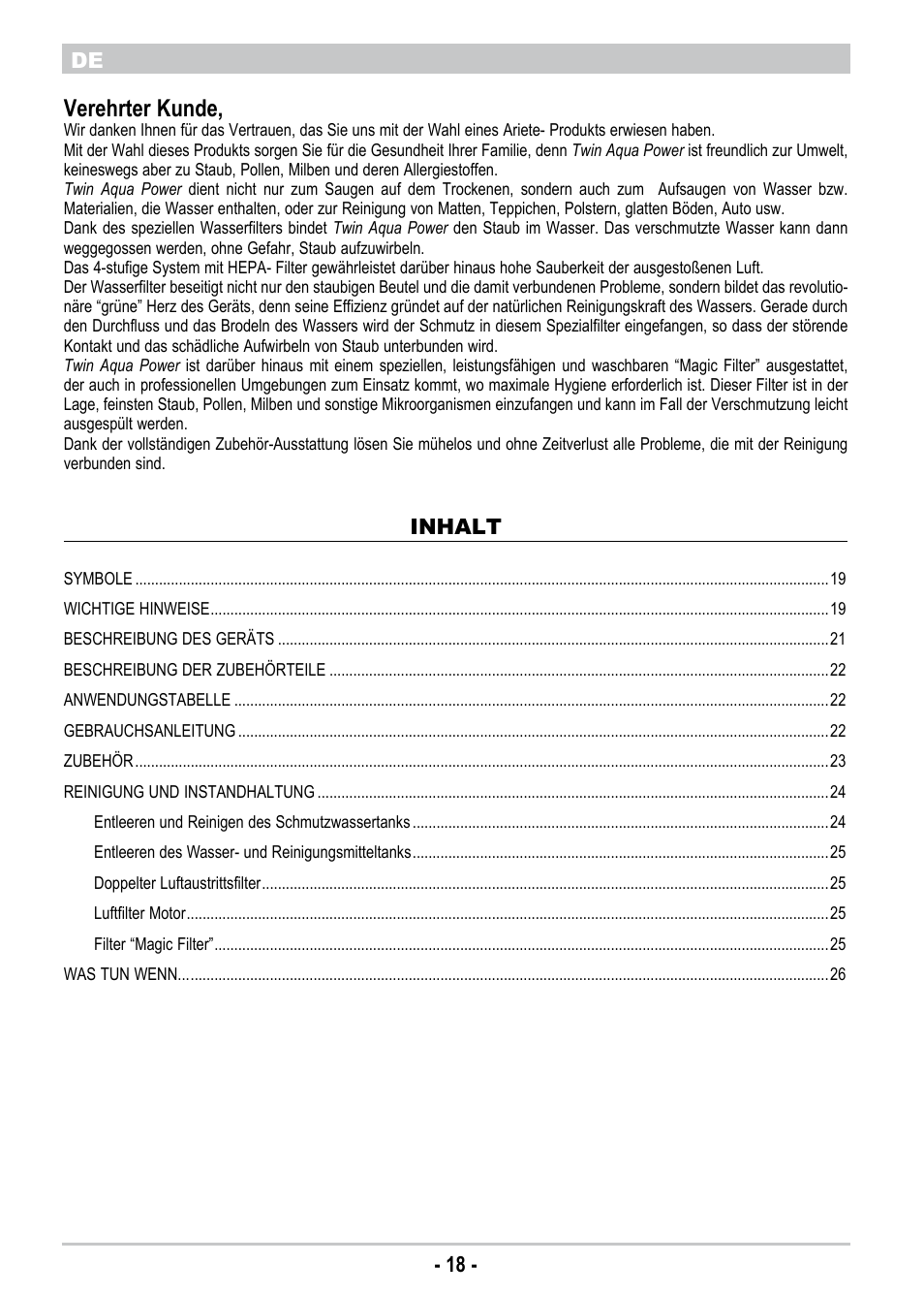 Verehrter kunde, 18 - de, Inhalt | ARIETE Twin Aqua Power 4242 User Manual | Page 20 / 38