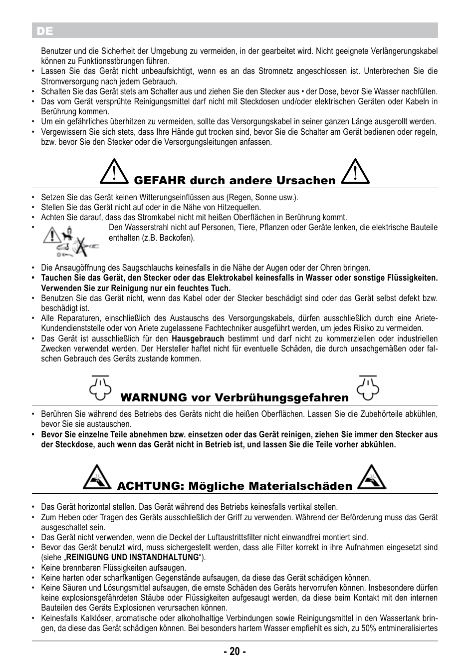 20 - de, Gefahr durch andere ursachen, Warnung vor verbrühungsgefahren | Achtung: mögliche materialschäden | ARIETE Twin Aqua Power 4242 User Manual | Page 22 / 38