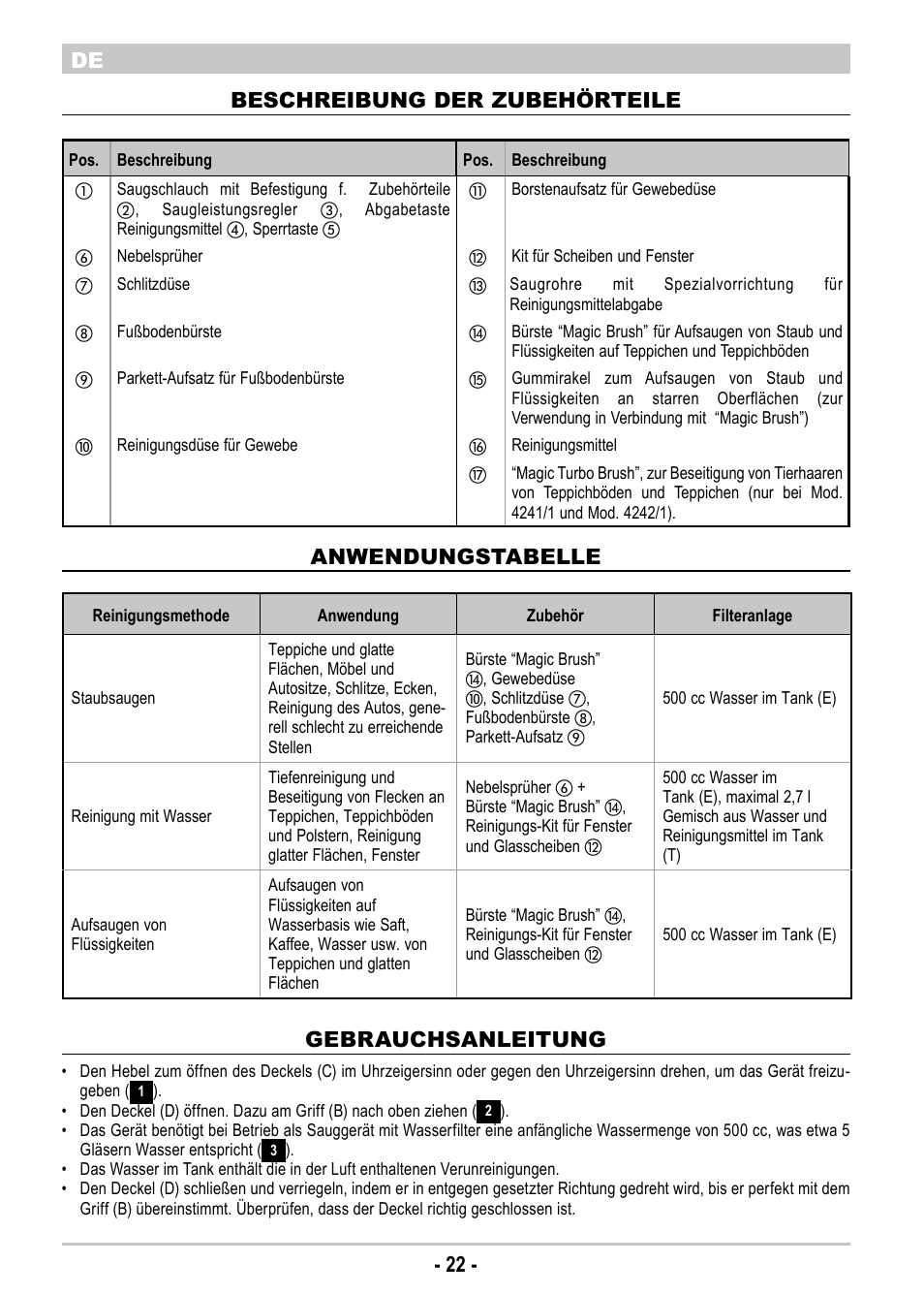 22 - de, Anwendungstabelle, Gebrauchsanleitung | Beschreibung der zubehörteile | ARIETE Twin Aqua Power 4242 User Manual | Page 24 / 38