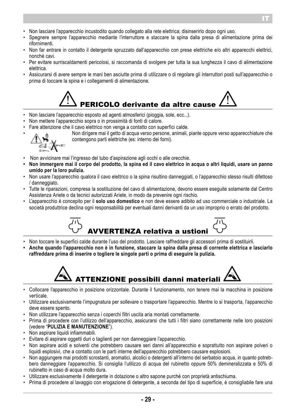 It - 29 - it, Pericolo derivante da altre cause, Avvertenza relativa a ustioni | Attenzione possibili danni materiali | ARIETE Twin Aqua Power 4242 User Manual | Page 31 / 38