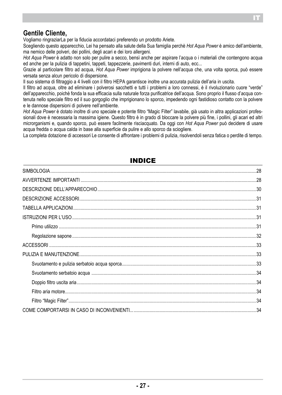 Gentile cliente, It - 27 - it, Indice | ARIETE New Hot Aqua Power User Manual | Page 29 / 38