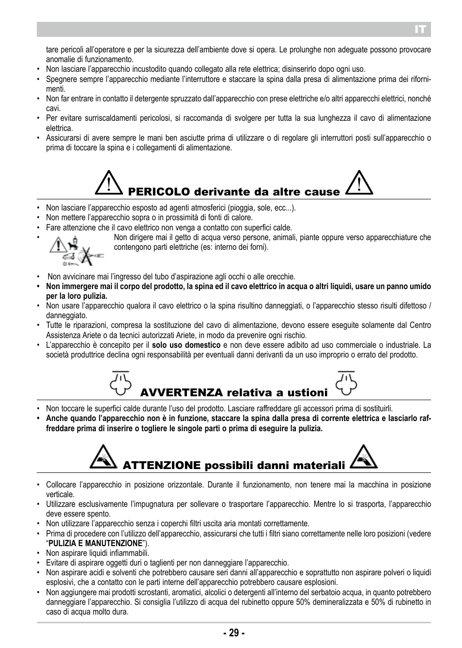 It - 29 - it, Pericolo derivante da altre cause, Avvertenza relativa a ustioni | Attenzione possibili danni materiali | ARIETE New Hot Aqua Power User Manual | Page 31 / 38