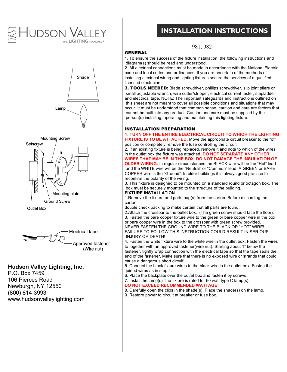 Hudson Valley Lighting DAYTON 982 User Manual | 1 page