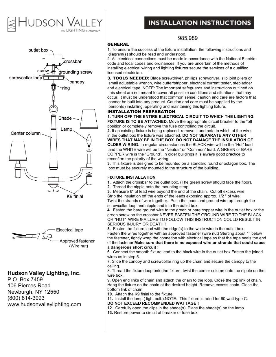 Hudson Valley Lighting DAYTON 989 User Manual | 1 page