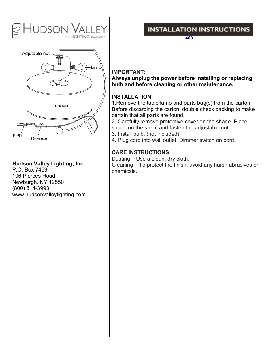 Hudson Valley Lighting DEYO L400 User Manual | 1 page