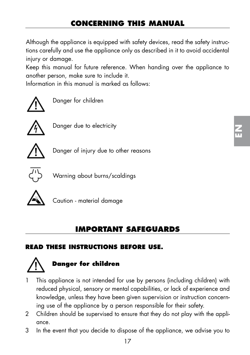 Concerning this manual, Important safeguards | ARIETE Multivapori XL 4214 User Manual | Page 18 / 55