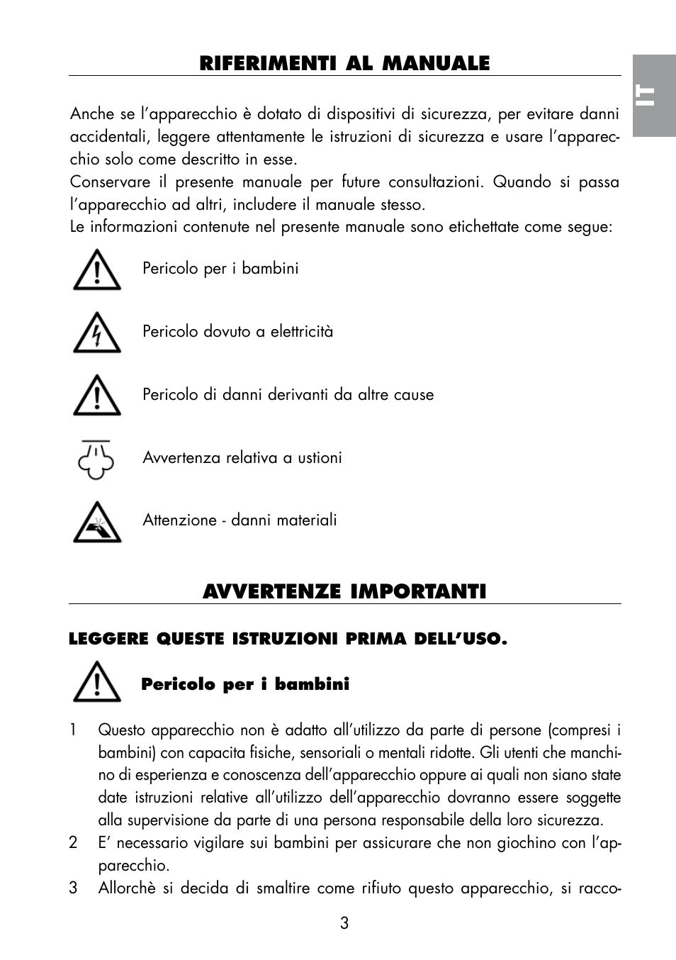 Riferimenti al manuale, Avvertenze importanti | ARIETE Multivapori XL 4214 User Manual | Page 4 / 55