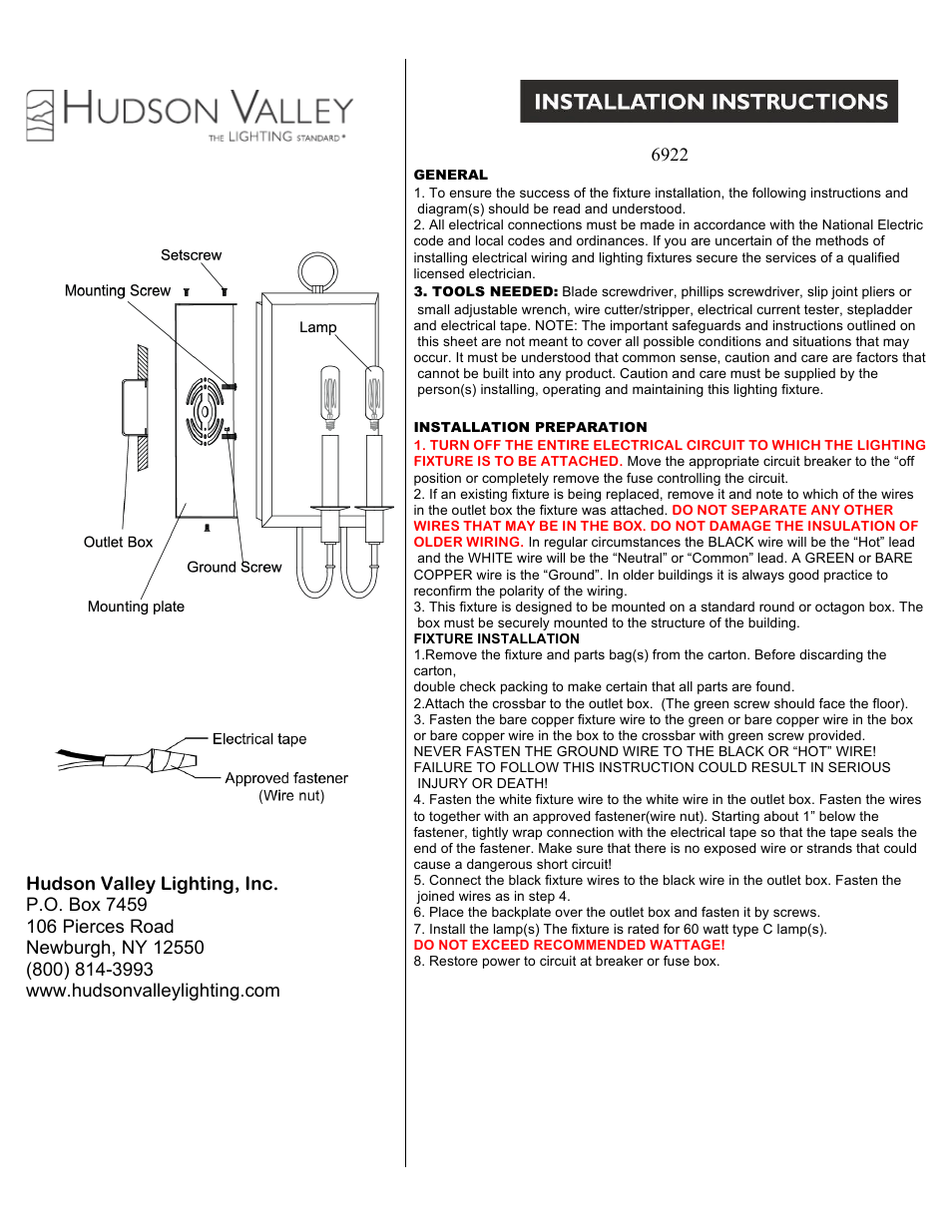 Hudson Valley Lighting ESSEX 6922 User Manual | 1 page