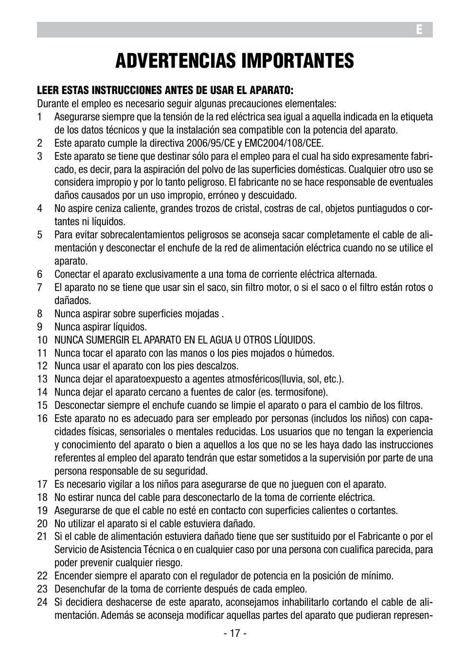 Advertencias importantes | ARIETE Vertigo User Manual | Page 19 / 52