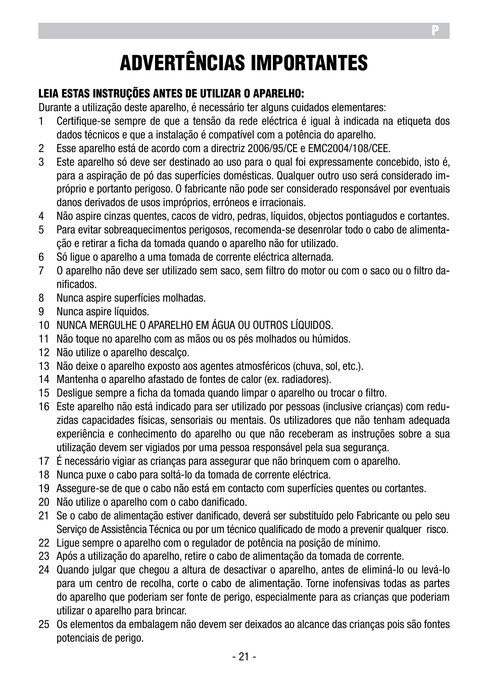 Advertências importantes | ARIETE Vertigo User Manual | Page 23 / 52