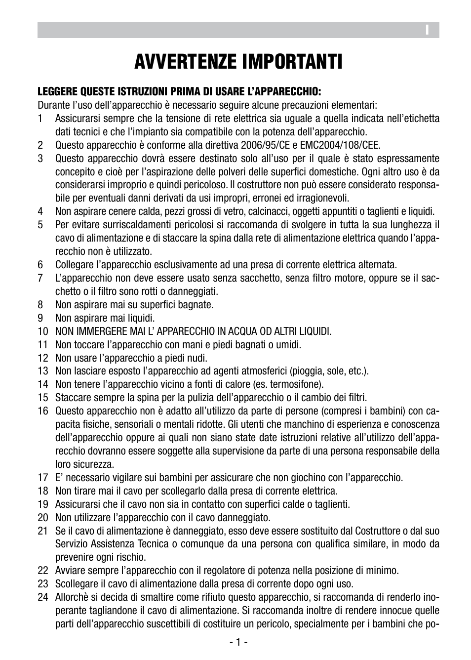 Avvertenze importanti | ARIETE Vertigo User Manual | Page 3 / 52