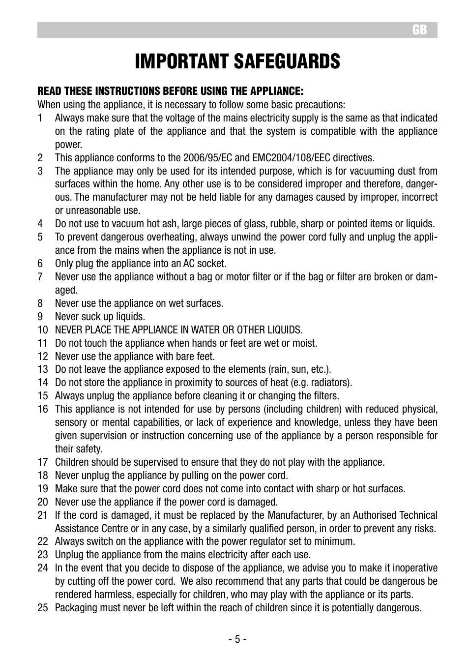 Important safeguards | ARIETE Vertigo User Manual | Page 7 / 52