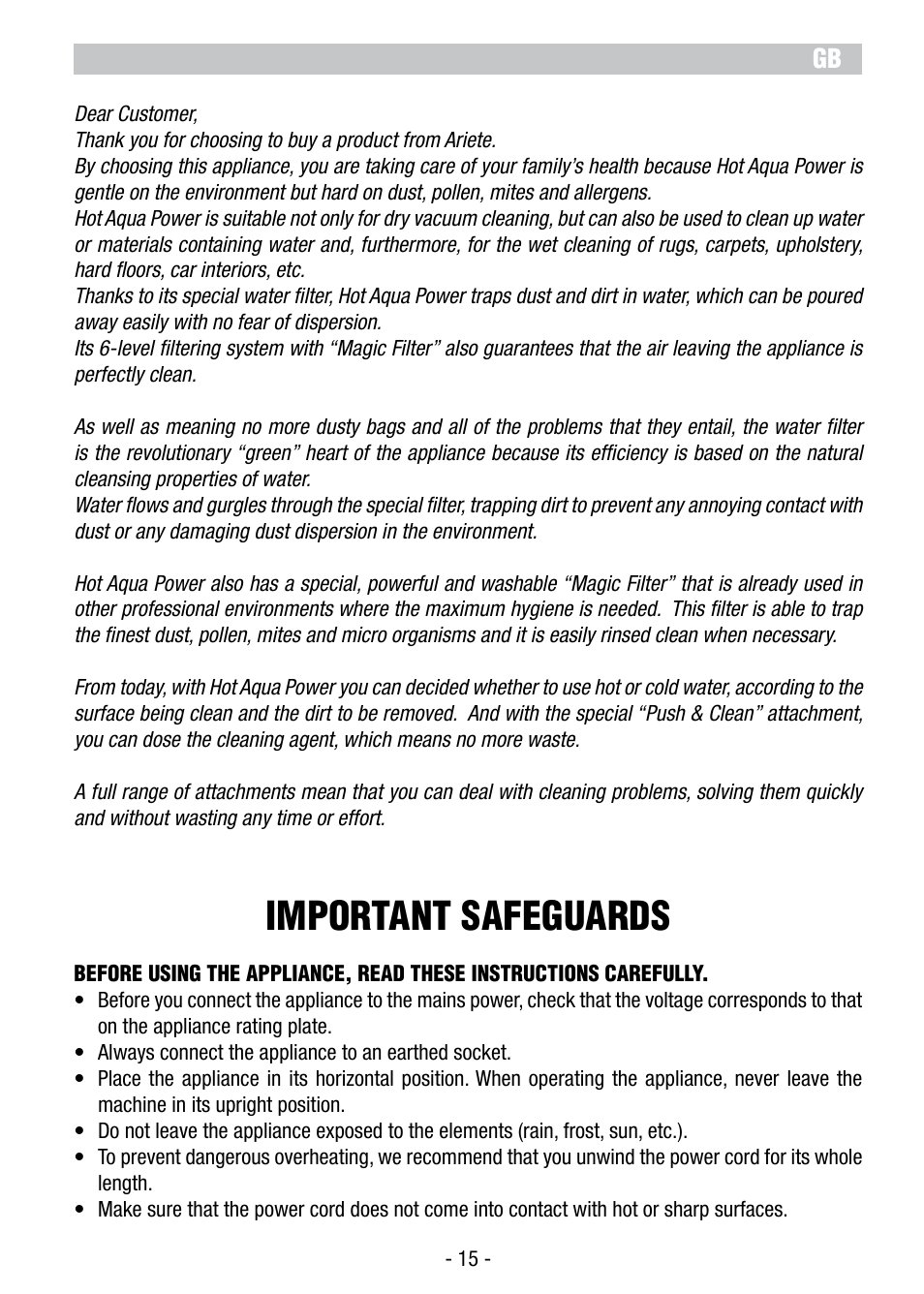 Important safeguards | ARIETE Hot Aqua Power 2479 User Manual | Page 17 / 42