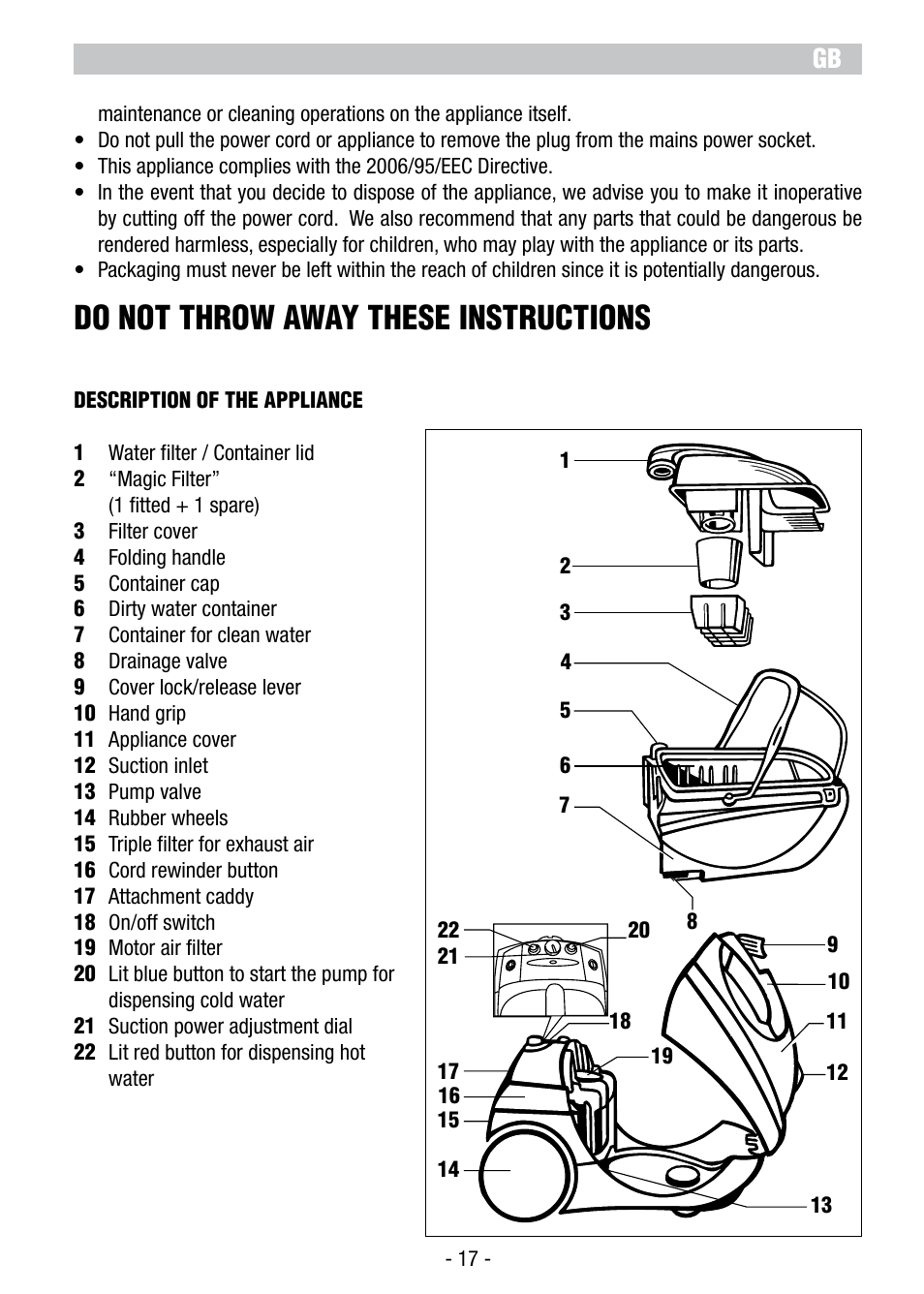 Do not throw away these instructions | ARIETE Hot Aqua Power 2479 User Manual | Page 19 / 42