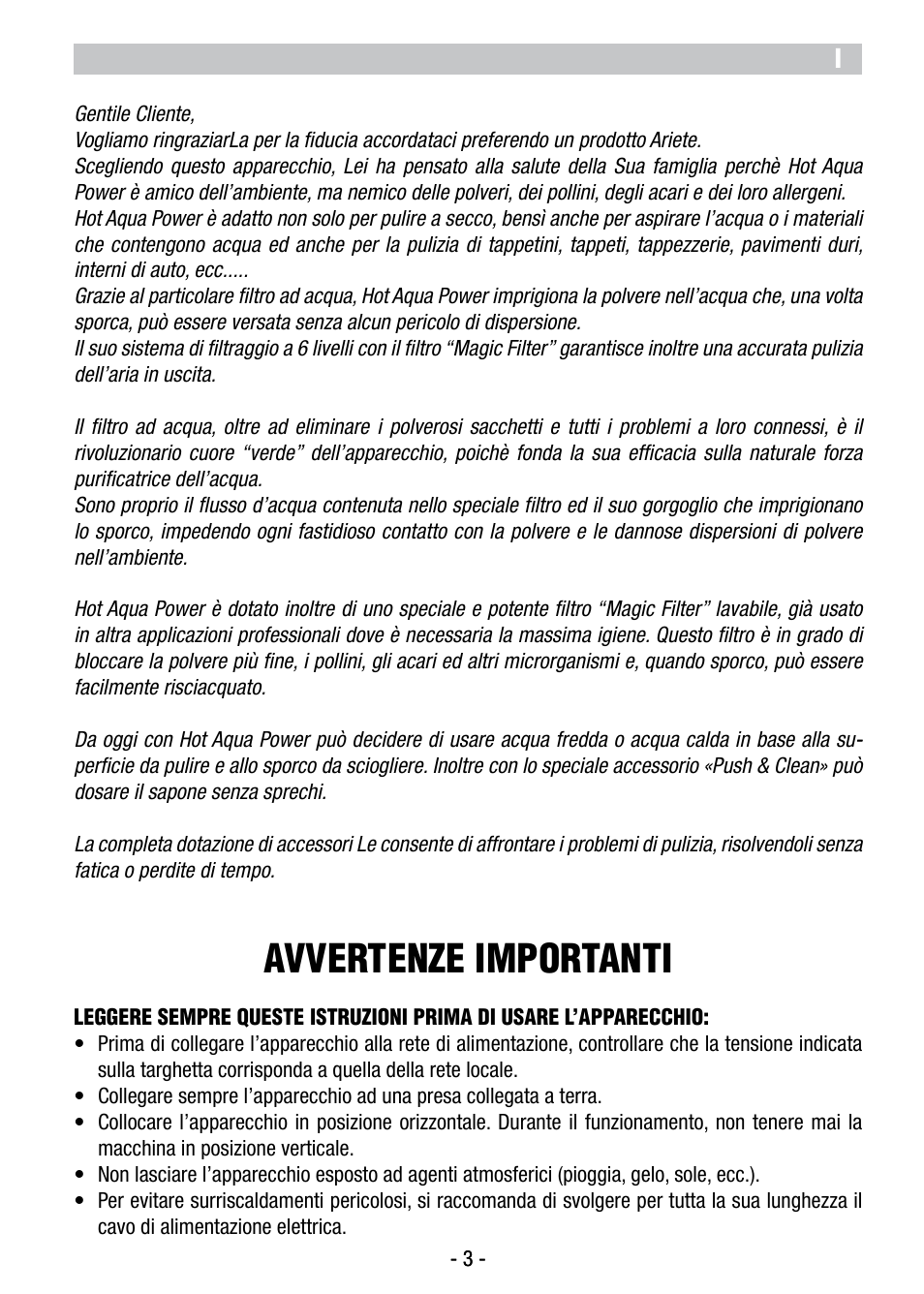Avvertenze importanti | ARIETE Hot Aqua Power 2479 User Manual | Page 5 / 42