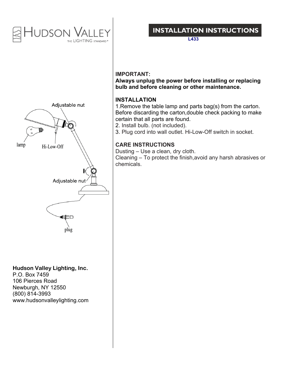 Hudson Valley Lighting GIRARD L433 User Manual | 1 page