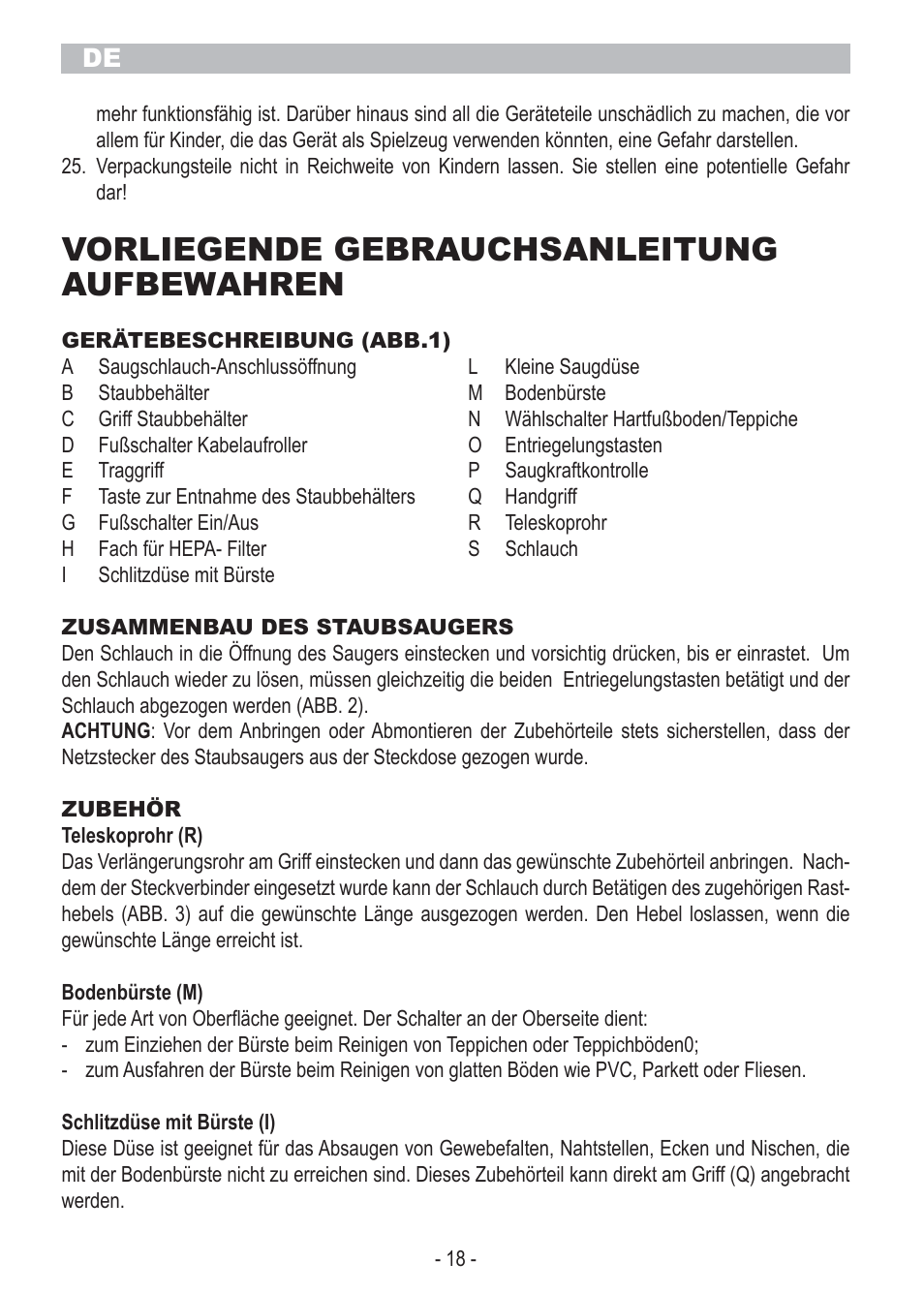 Vorliegende gebrauchsanleitung aufbewahren | ARIETE Bagless Vacuum Cleaner 2798 User Manual | Page 20 / 50