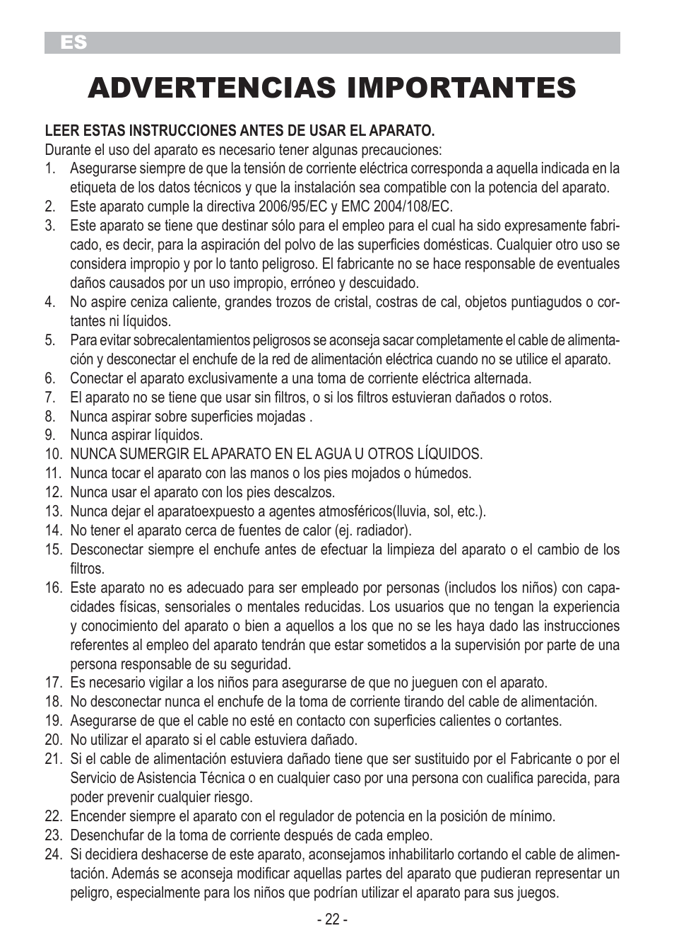 Advertencias importantes | ARIETE Bagless Vacuum Cleaner 2798 User Manual | Page 24 / 50