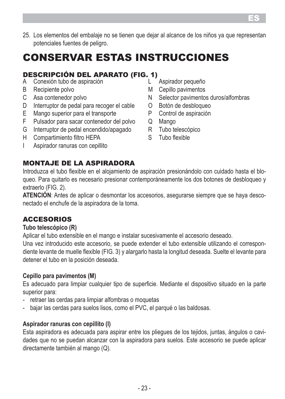 Conservar estas instrucciones | ARIETE Bagless Vacuum Cleaner 2798 User Manual | Page 25 / 50