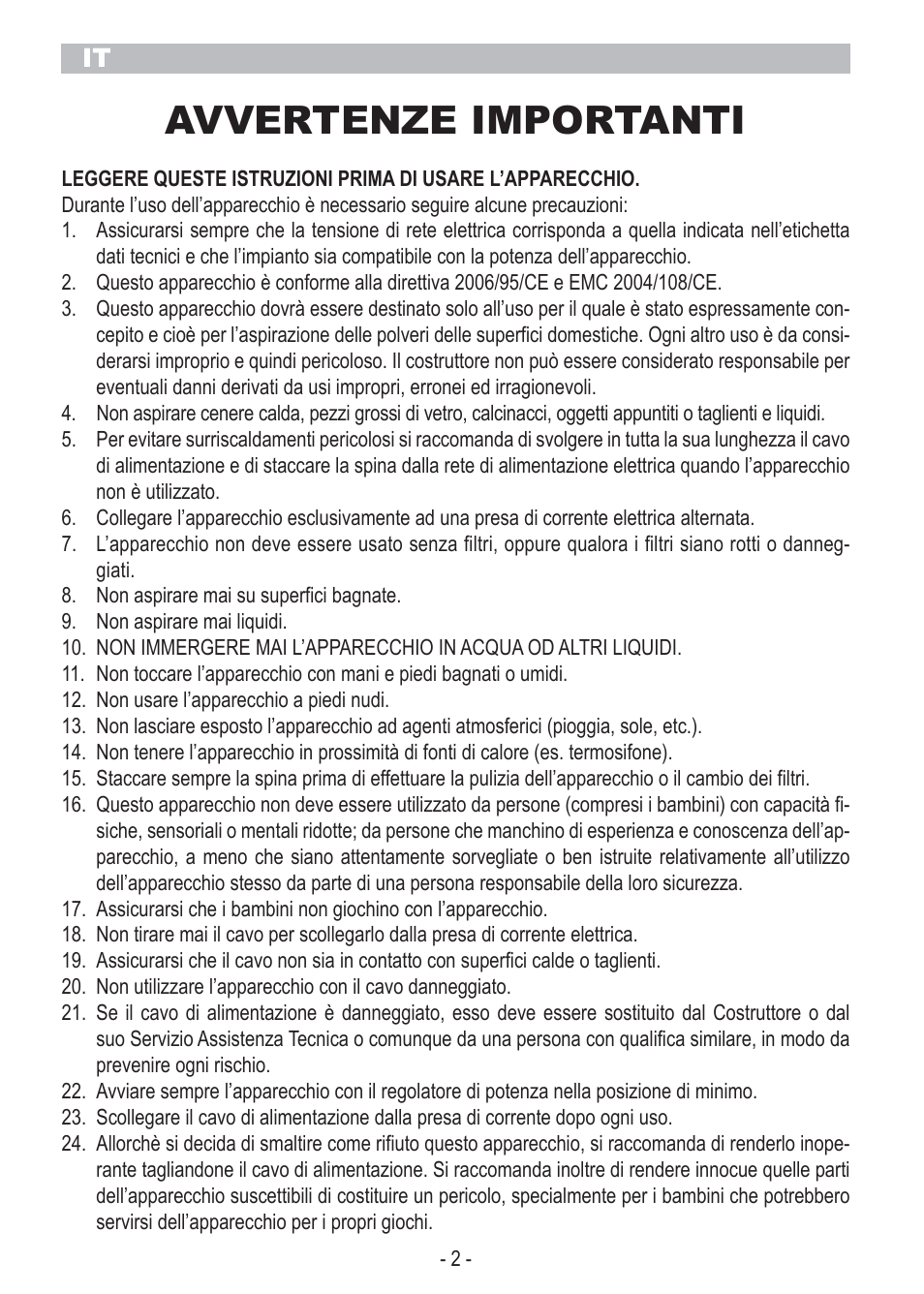 Avvertenze importanti | ARIETE Bagless Vacuum Cleaner 2798 User Manual | Page 4 / 50