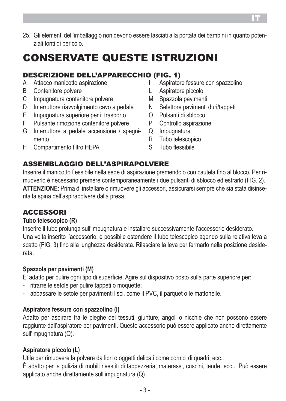 Conservate queste istruzioni | ARIETE Bagless Vacuum Cleaner 2798 User Manual | Page 5 / 50