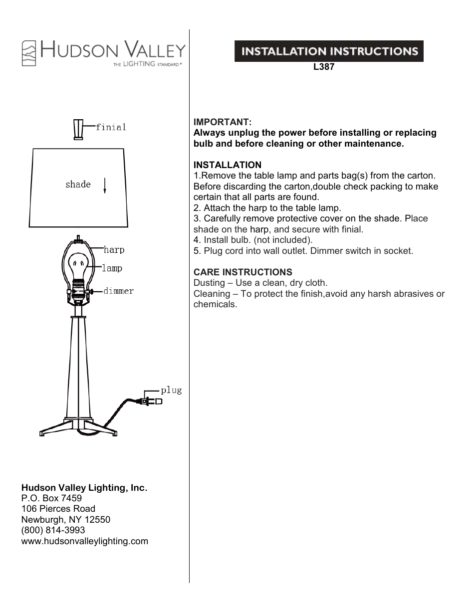 Hudson Valley Lighting HINDEMAN L387 User Manual | 1 page