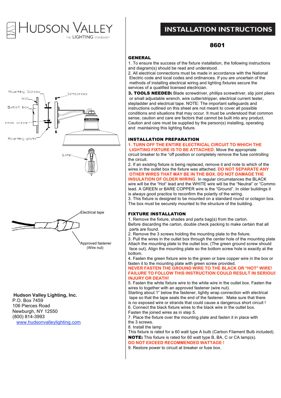 Hudson Valley Lighting HUDSON FALLS 8601 User Manual | 2 pages