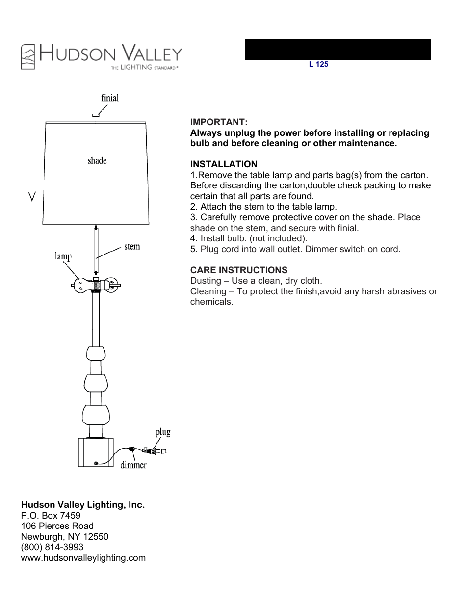 Hudson Valley Lighting KENTFIELD L125 User Manual | 1 page