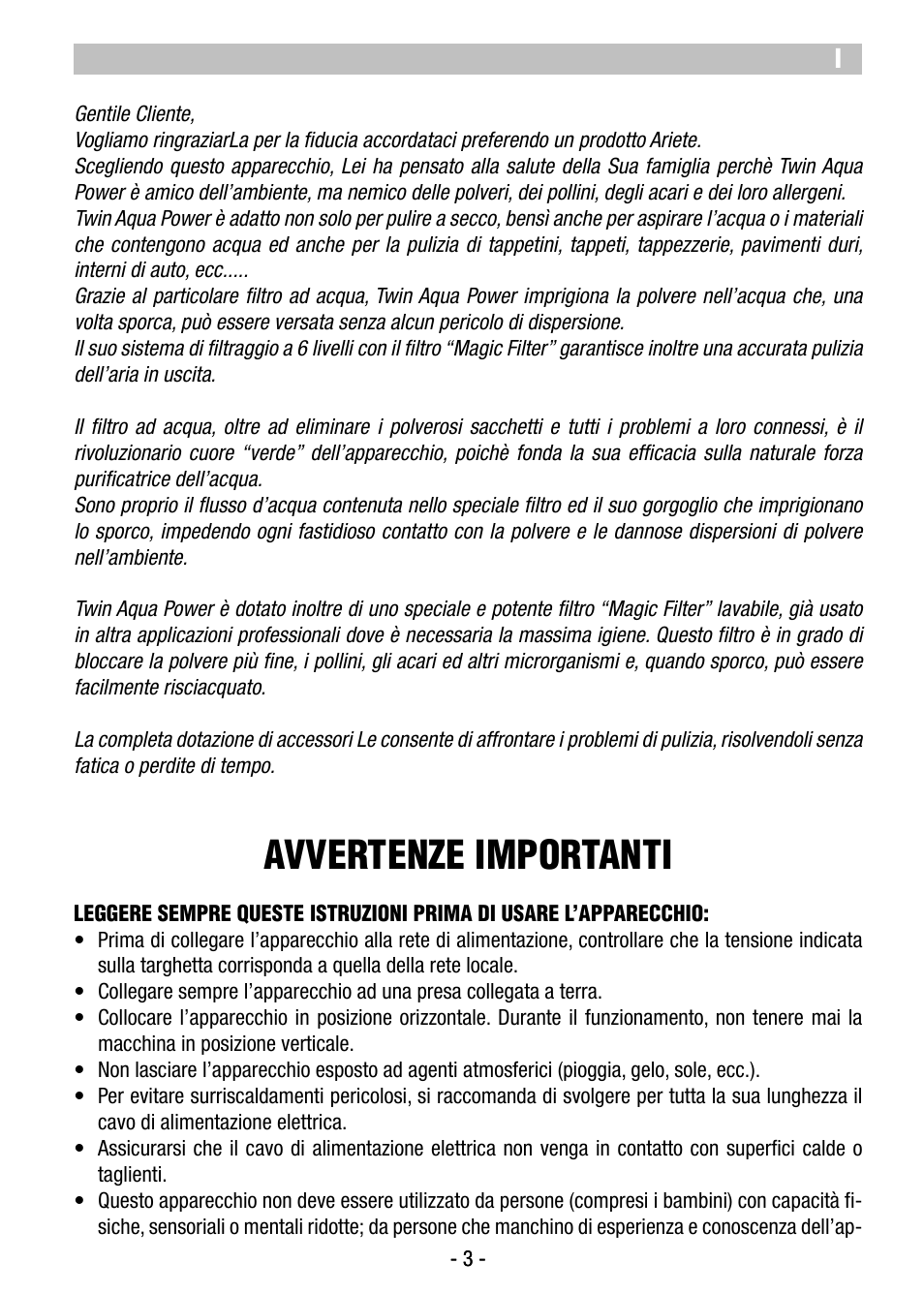 Avvertenze importanti | ARIETE Twin Aqua Power  2477 User Manual | Page 5 / 36