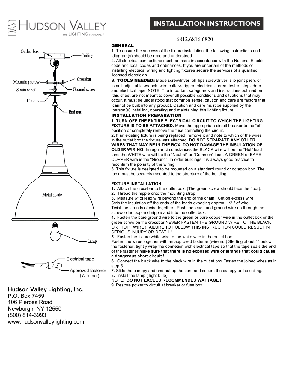 Hudson Valley Lighting LYDNEY 6820 User Manual | 1 page