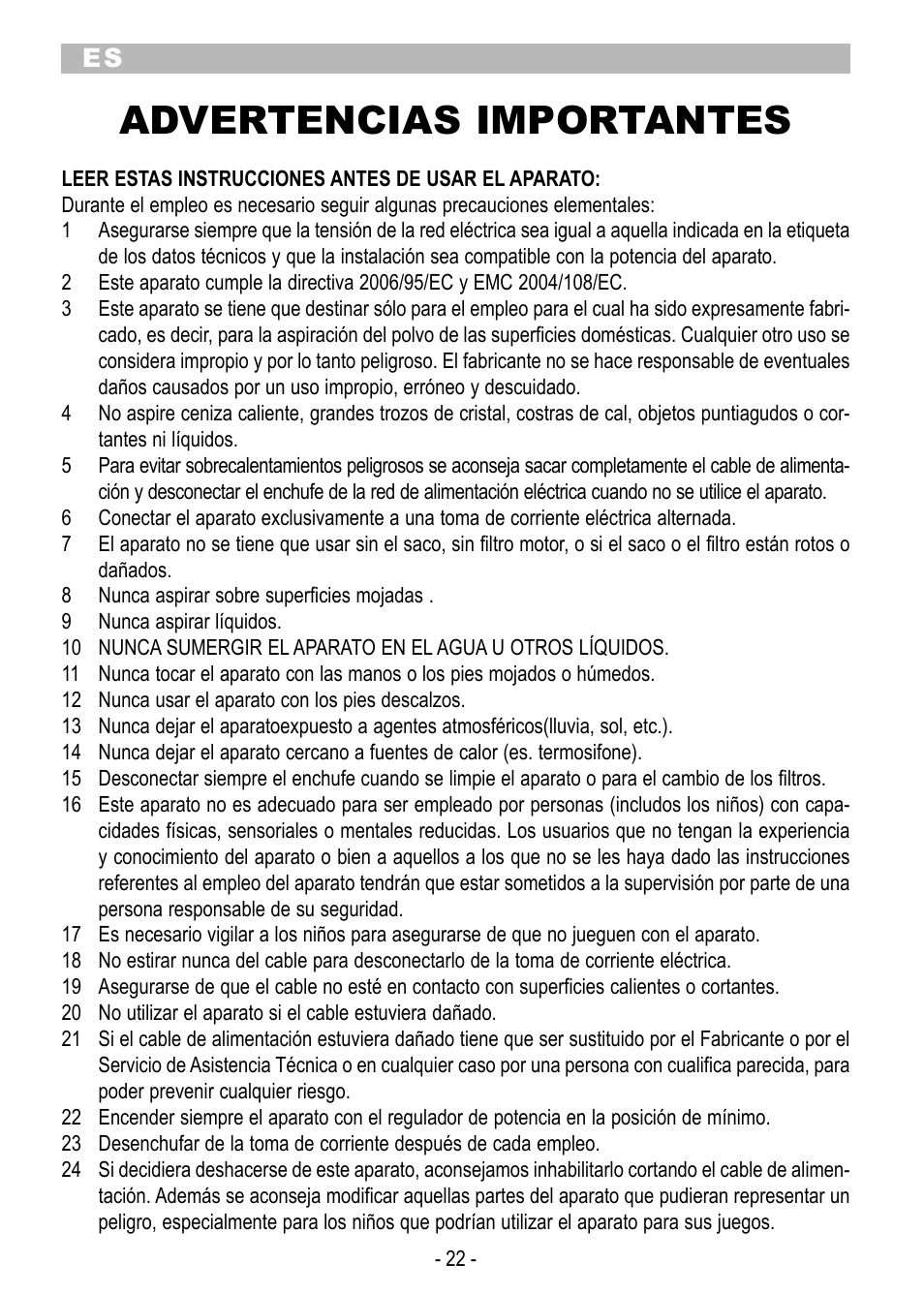 Advertencias importantes | ARIETE Eco Power 2788 User Manual | Page 24 / 50